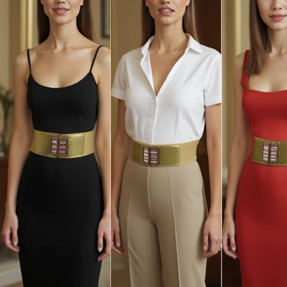 New Women Gold Elastic Wide Fashion Belt Bling Metal Square Buckle S M z089 - Picture 4 of 17